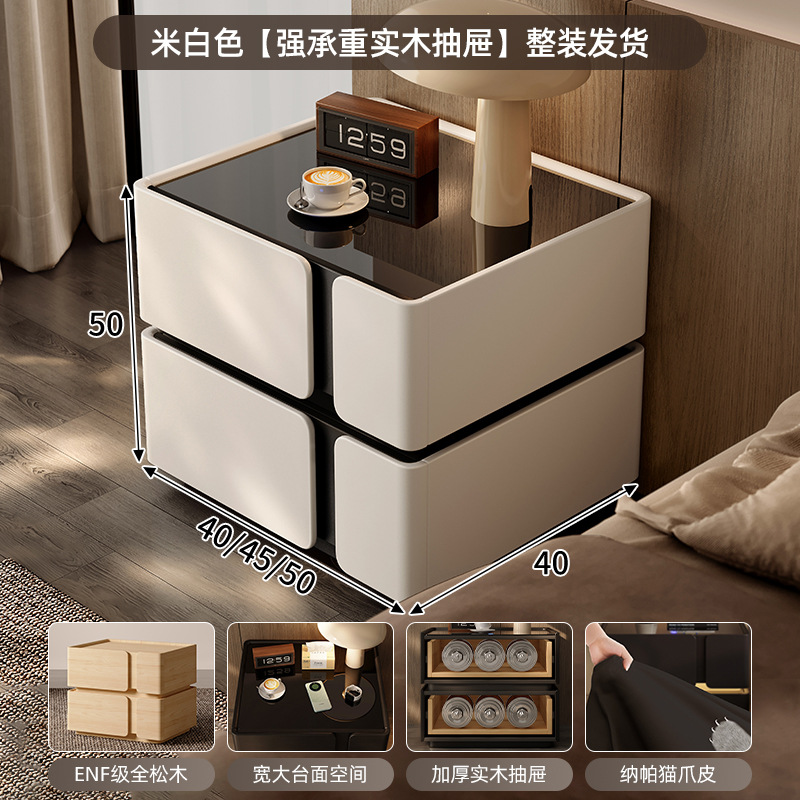 Mesita de noche negra 2025 estilo explosivo, lujo ligero, sentido de alta gama, sentido de diseño de dormitorio en casa, madera maciza de nicho con luz inteligente