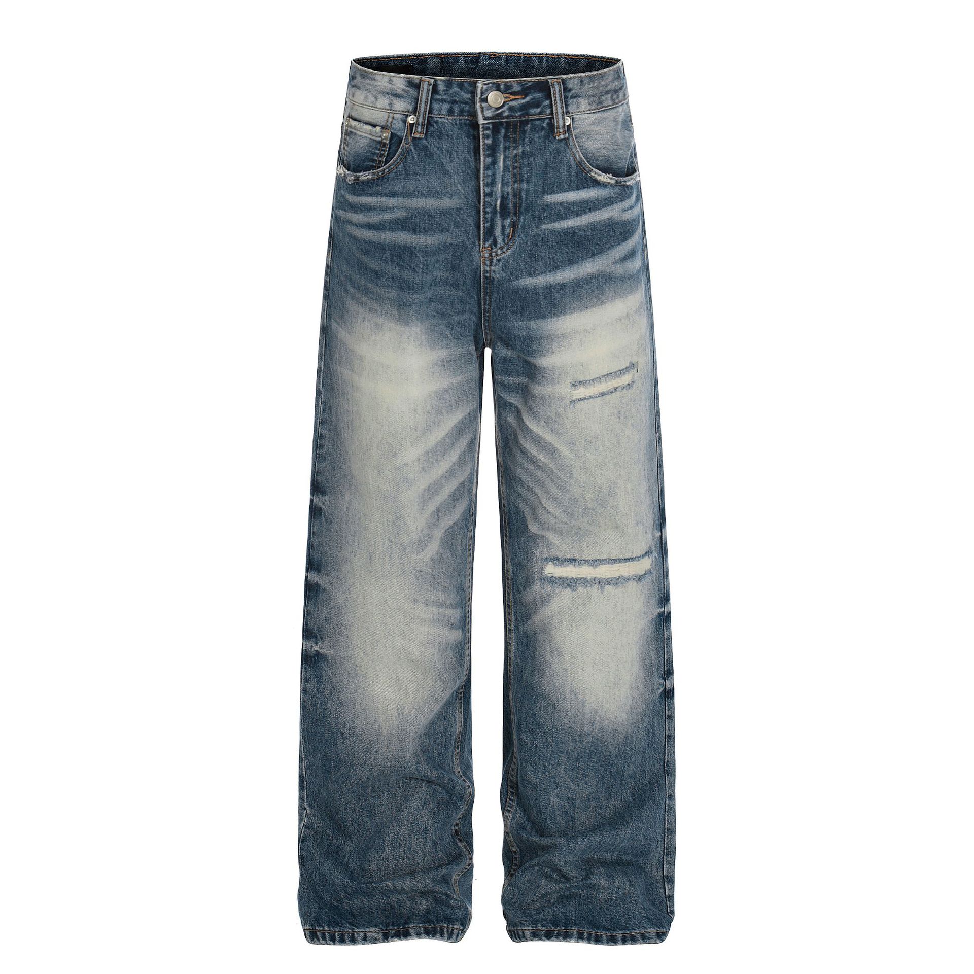 Men's High Street Style Jeans Loose Fit Retro Denim Whisker Texture Washed Feel_mkmklike.com