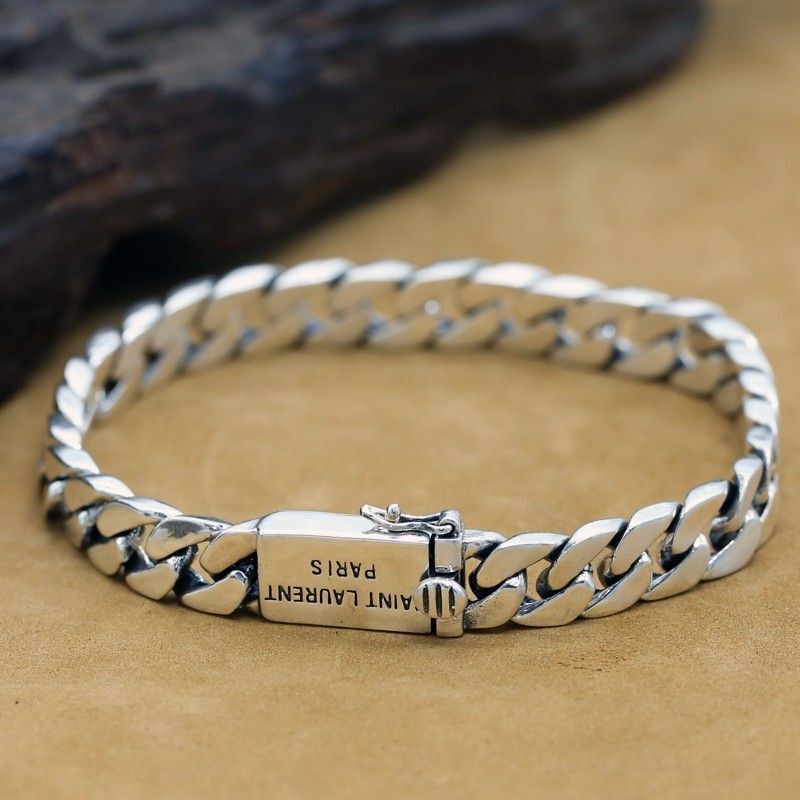 925 Sterling Silver Simple Bare Silver Chain Korean Style Couple Lettering Bracelet Thai Silver Men's Cuban Chain Personalized Gift