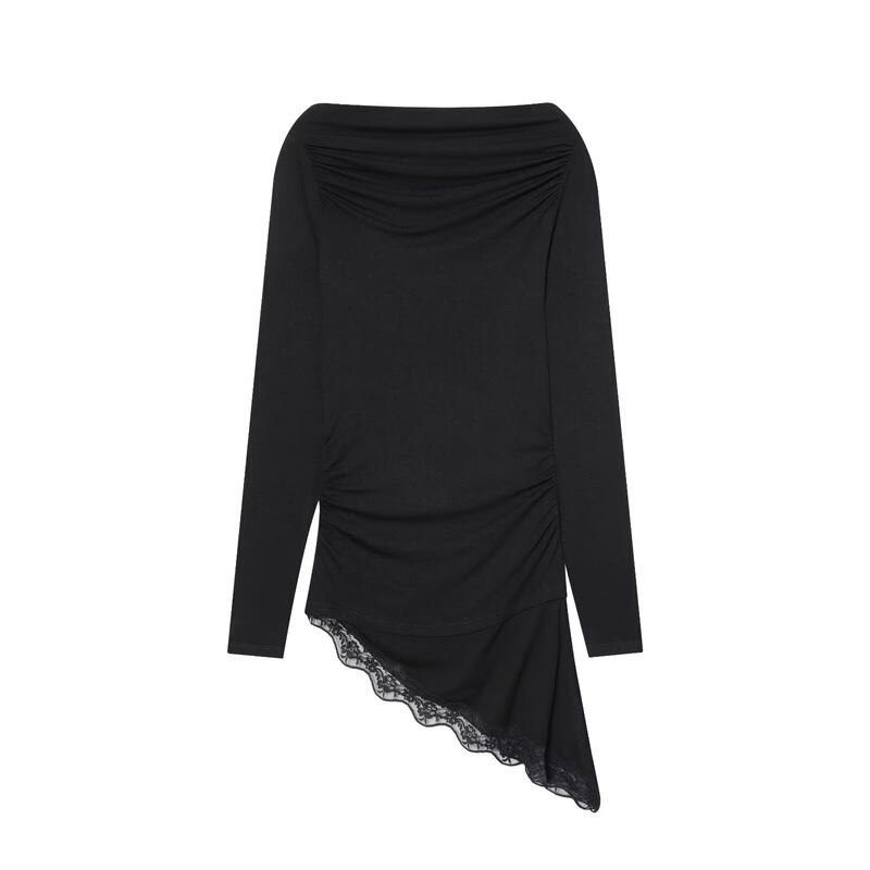 Pb&Za Cross-Border Supply 2025 Winter New European and American Style Fashionable Simple Versatile Boat Neck Asymmetric Lace T-Shirt