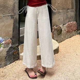 3079 # Maternity Pants Linen Casual Pants for Summer Thin Breathable Belly-Free Wide-Leg Pants Drawstring Straight Pants
