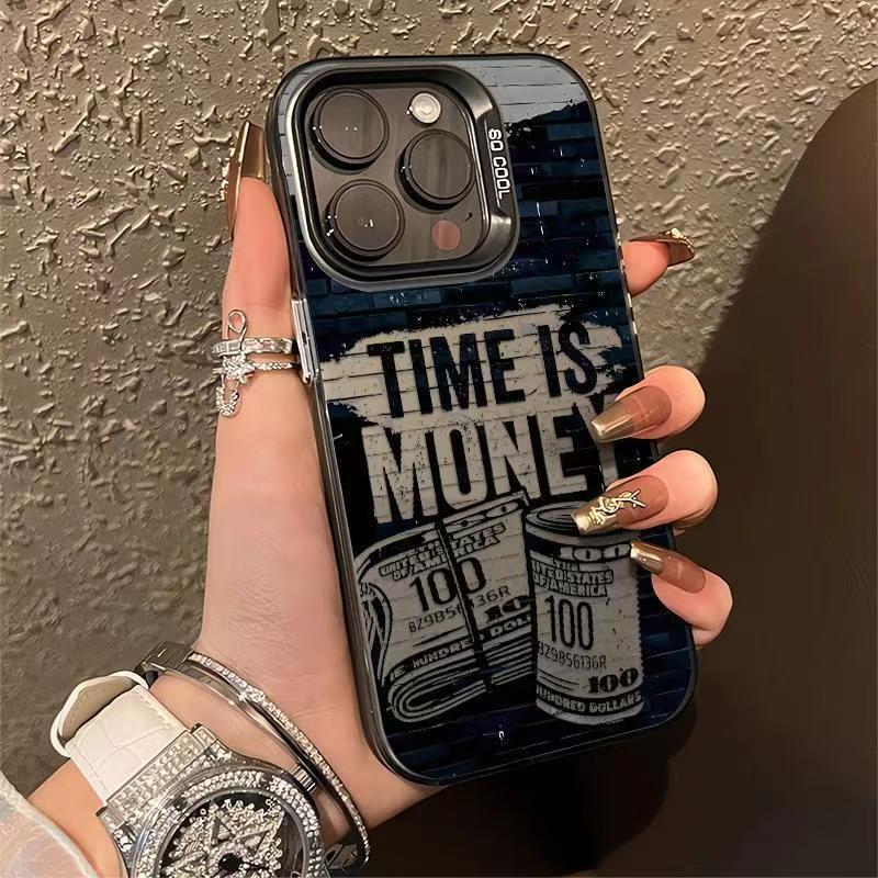 Color-Blocking Silver Time and Money Design Suitable for Apple 17/16 Pro Max Phone Case iPhone 133 Personalized 15 Plus