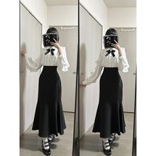可爱日系衬衫地蕾系量产型珍珠领上衣女黑色a字鱼尾半身裙子套装
