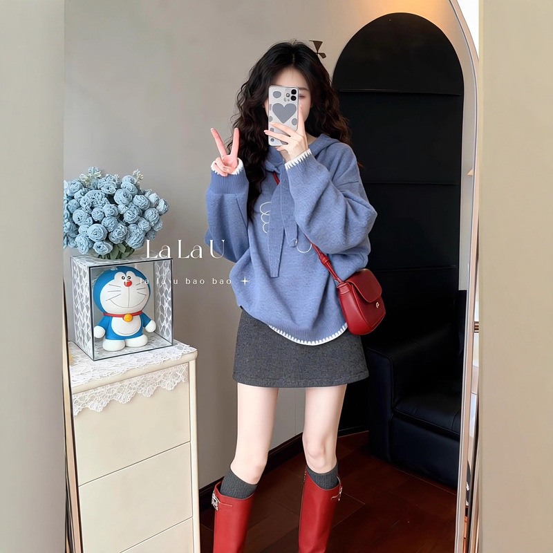Korean Retro Shell Embroidery Lace-Up Hooded Sweater for Women, New Autumn and Winter Style, Lazy and Relaxed, Loose and Slimming Top