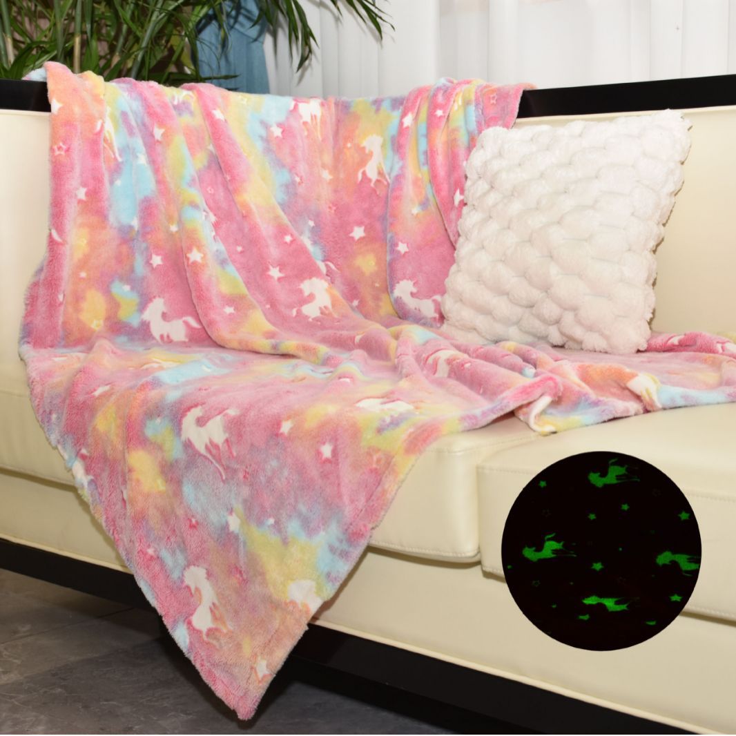 双面法兰绒独角兽夜光毯发光毛毯荧光毯毯子夏季空调被毯儿童盖毯