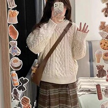 韩系复古米白色麻花毛衣女加厚宽松慵懒风外穿显瘦针织上衣秋冬