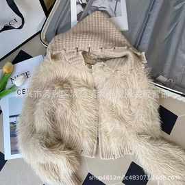 小香风针织开衫女2025秋季新款小个子短款洋气连帽水貂绒毛衣外套