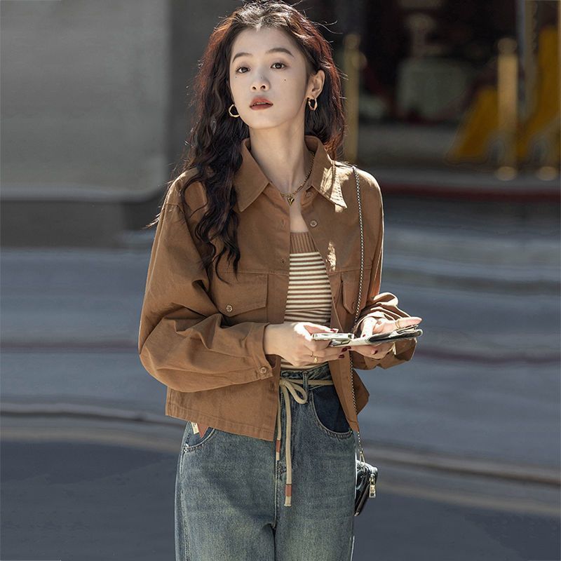 外套女春秋设计感港风上衣复古长袖衬衫洋气短款纯色小个子衬衣女|undefined