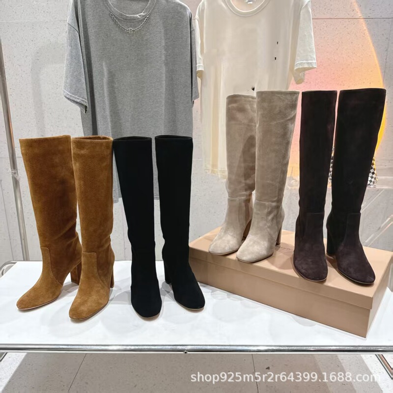 High-End 2025 Autumn and Winter Suede Round-Toe Retro Thick-Heeled High-Heeled Slip-On High Knight Boots for Women over the Knee Boots