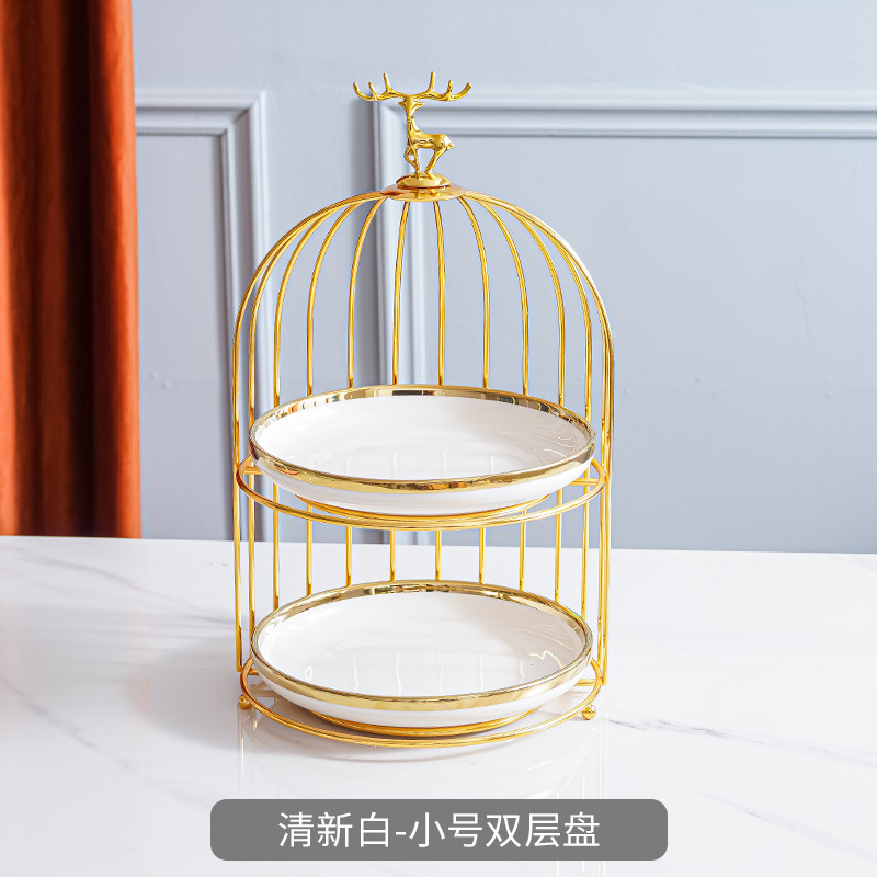 Plato de fruta de cerámica de lujo ligero mesa de café de la sala de estar cesta de frutas en casa plato de pastel de caramelo creativo adornos de almacenamiento de postre de doble capa