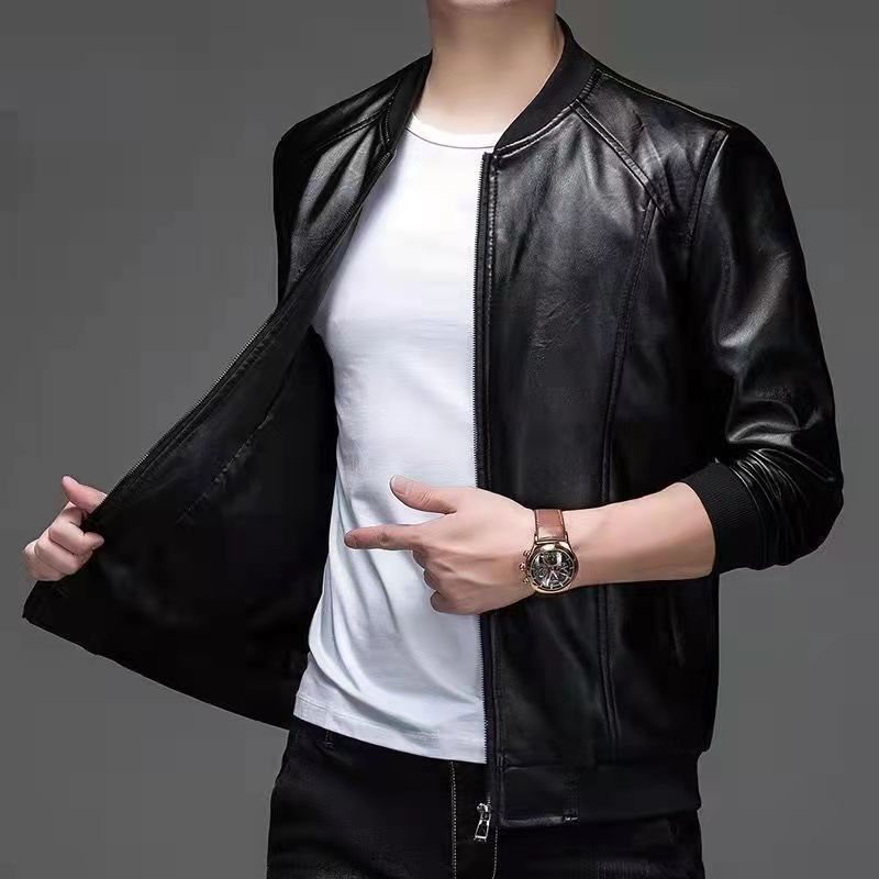 男士秋冬款加绒加厚皮衣男立领外套韩版修身休闲中青年飞行夹克衫