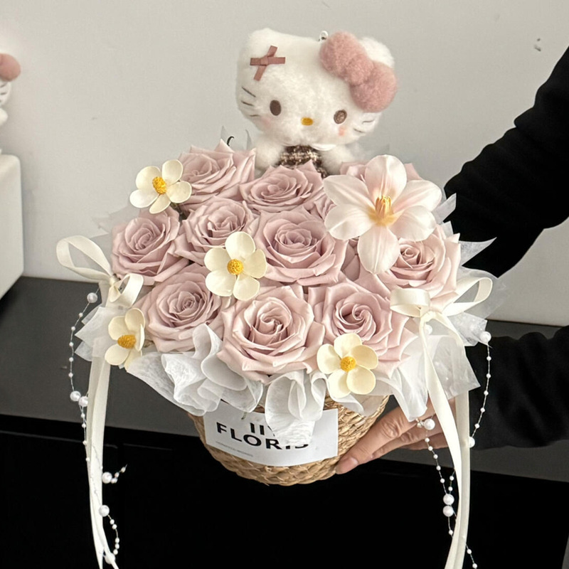 永生花玫瑰花束蝴蝶结Kitty仿真香皂花高级感送女友闺蜜生日礼物|undefined