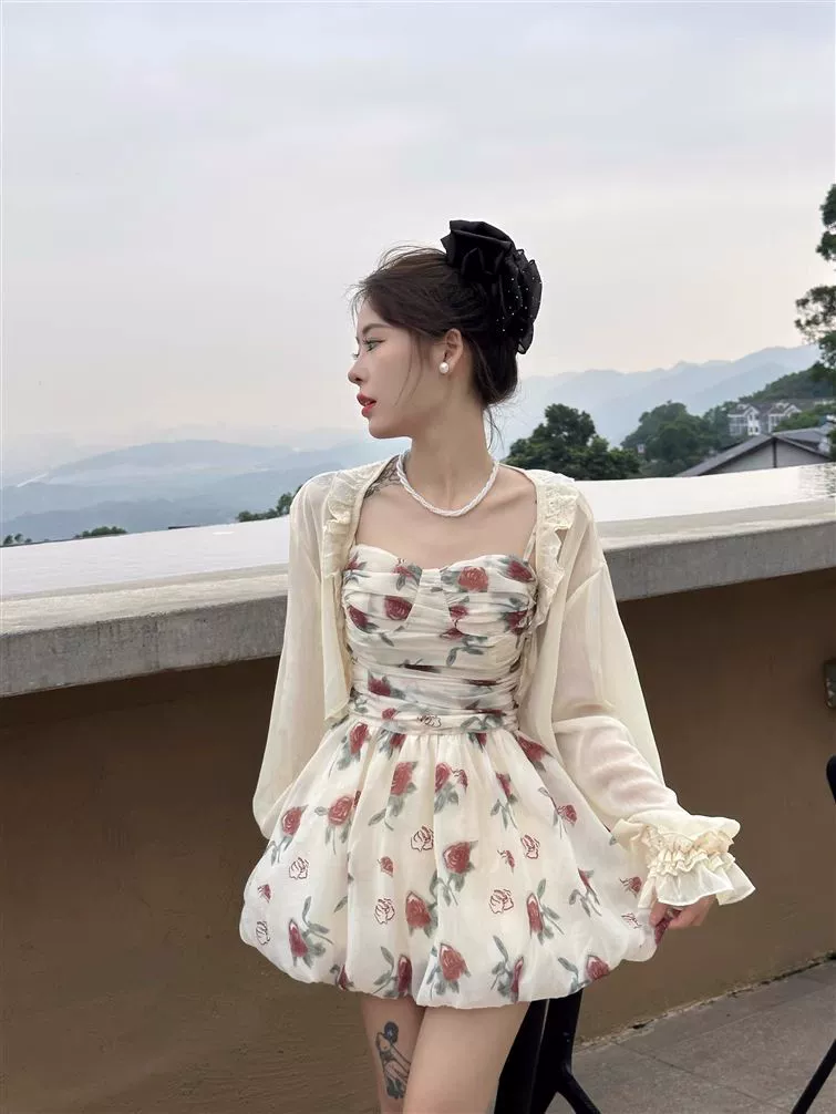 Французское платье на подтяжках с цветочным рисунком, женское летнее платье с допамином, красивая талия, милая юбка для горячих девушек, короткая юбка