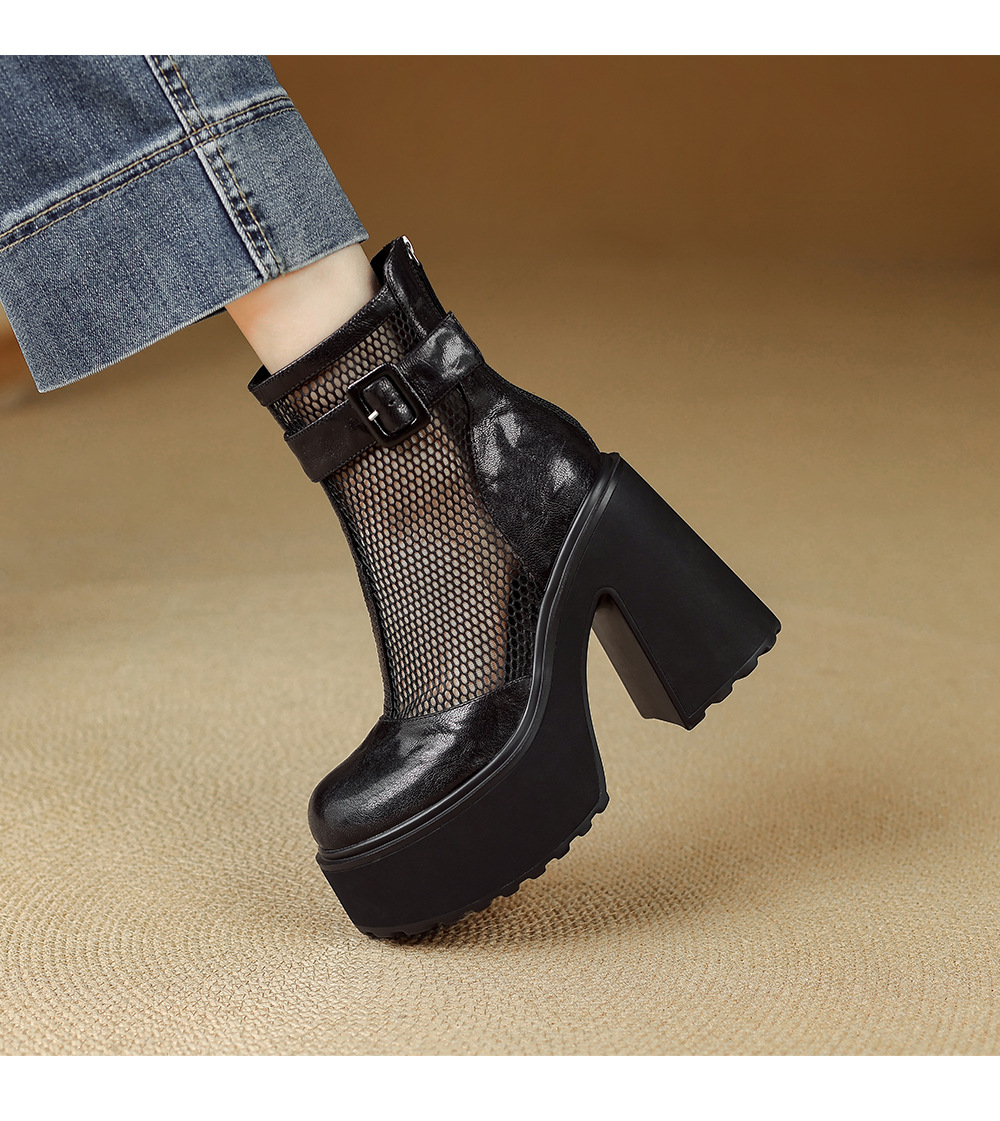 Boot nữ đế dày hở mũi phong cách La Mã da thật lưới thoáng khí kéo khóa trước mùa hè cổ thấp — màu đen chi tiết 11