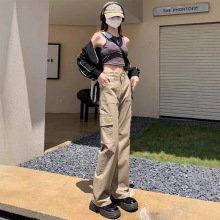 卡其色高腰窄版工装裤女春夏美式复古高街显瘦直筒窄版阔腿牛仔裤