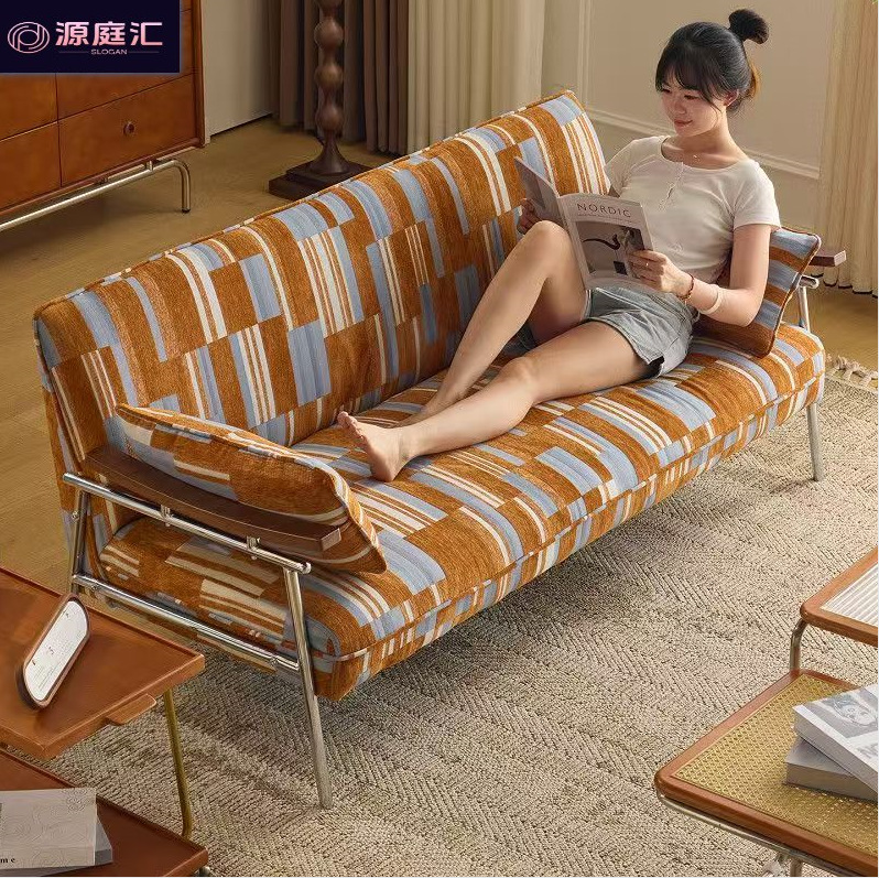 Nordic Japanese-Style Solid Wood Leather Sofa for Small Apartments, Creative and Simple Living Room and Bedroom Three-Seater and Two-Seater Natural Wood Style Small Sofa