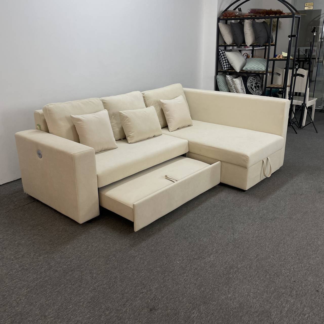 Combinación de sofá de esquina de sala de estar tipo casa pequeña con tela de tecnología sin lavado y almacenamiento