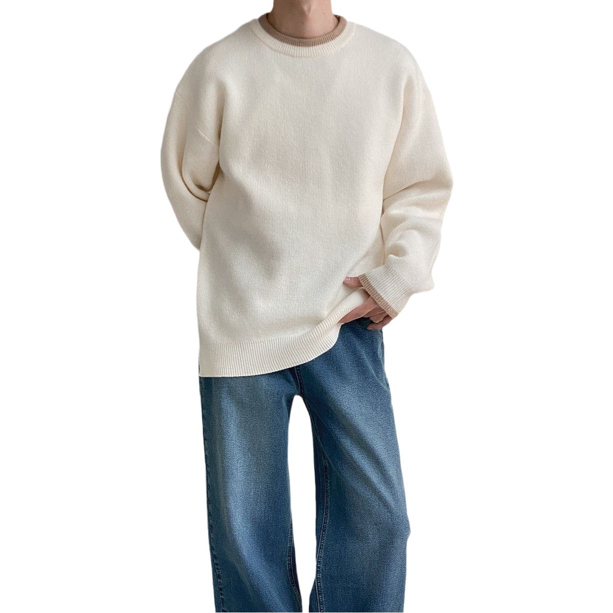 Cuello contraste Color Otoño e Invierno Nuevo suéter cuello redondo de los hombres color cálido suéter de desgaste exterior suelto estilo coreano de los hombres de moda de fondo