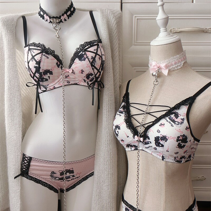 Cute Cow Cat Sweet and Sexy Cross Ribbon Cut Out Wire-Free Push-Up Lace Inner Bra