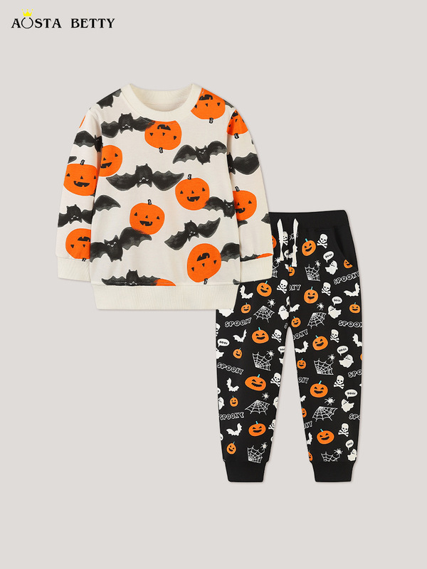 秋のクロスボーダーサプライボーイズ長袖スーツヨーロッパとアメリカンスタイルのハロウィンカボチャプリントニットコットンパンツ2点セット|undefined