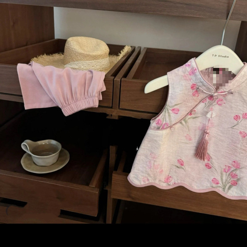 酔った桃の花女の赤ちゃんサマースーツ 2025 新中国風ピンクジャカードチャイナストレートパンツスーツ|undefined