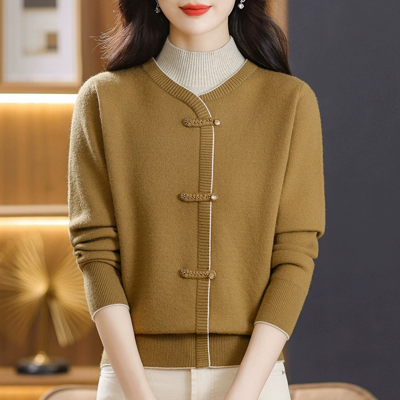 Водолазка, искусственный свитер из двух частей для матерей среднего возраста, зимняя утолщенная внутренняя одежда, новая вязаная женская нижняя рубашка в китайском стиле