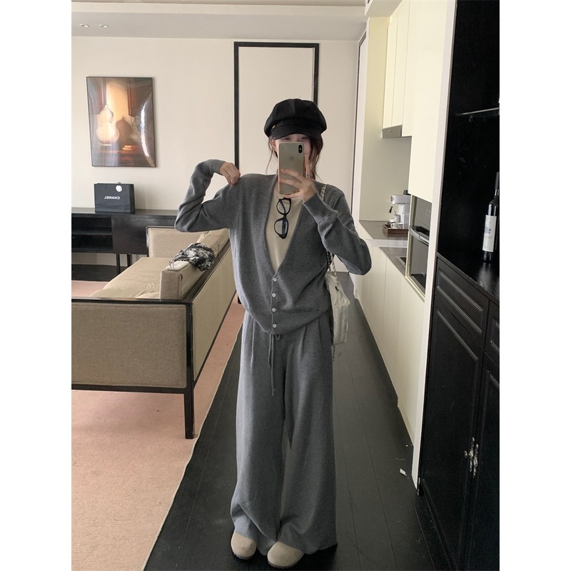 实拍~假两件针织衫女慵懒风开衫毛衣宽松上衣抽绳休闲裤套装88411|undefined