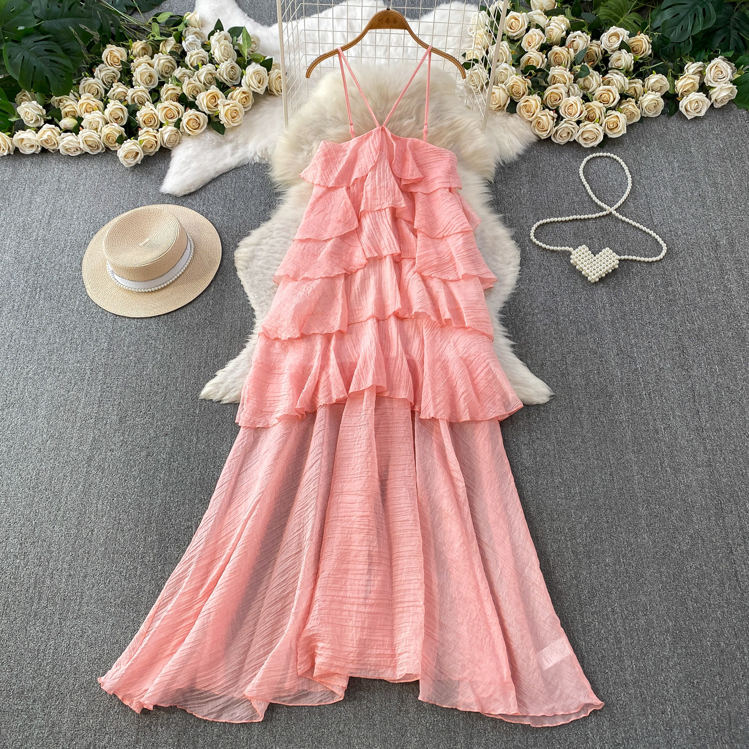 Women's Backless Maxi Dress With Spaghetti Straps, Flowy Beach Cover Up With Ruffle Hem, Sexy Boho Evening Gown For Vacation_ecoleips.com