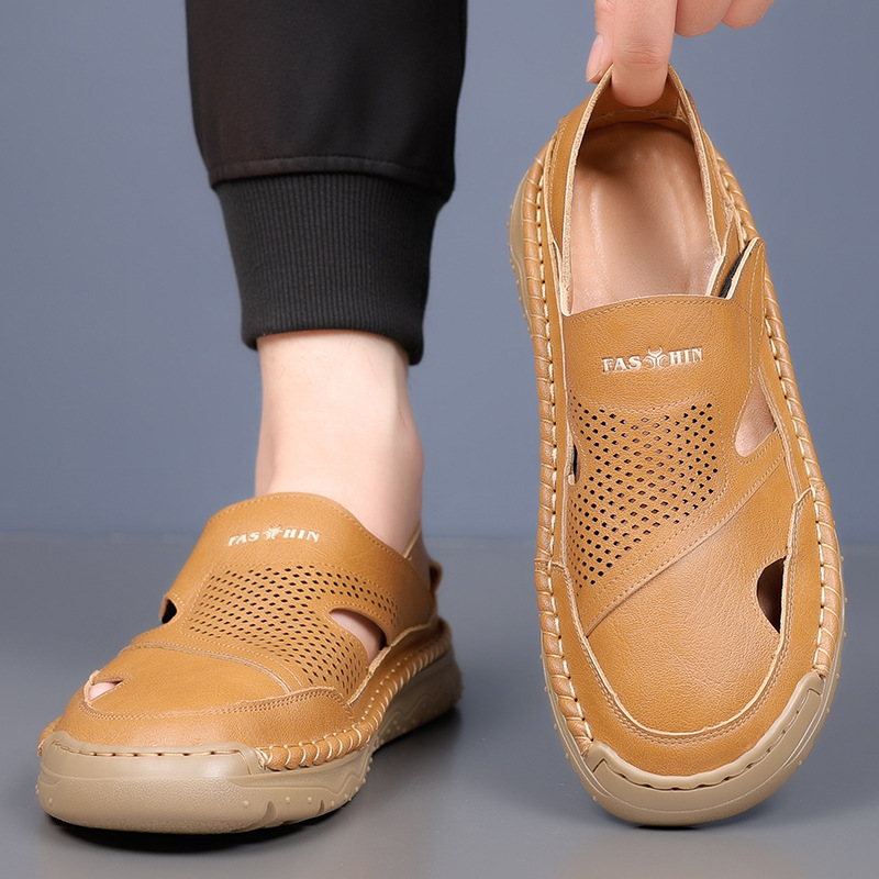 Men's Leather Sandals, Breathable Casual Shoes With Velcro Strap_voghion.com