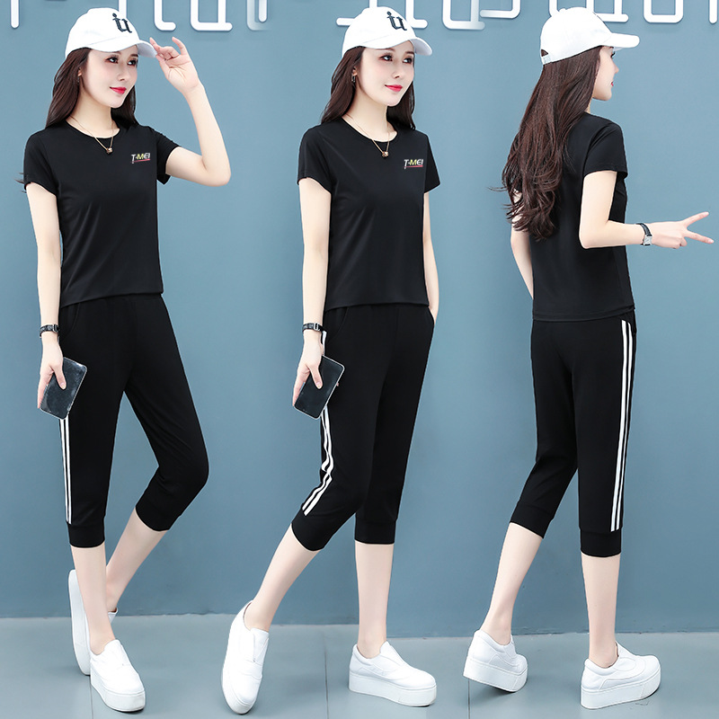 Professional Quick-drying Ice Silk Cool Casual Sports Suit Women's Summer Thin Stretch Wrinkle-resistant Breathable Short-sleeved Cropped Pants
