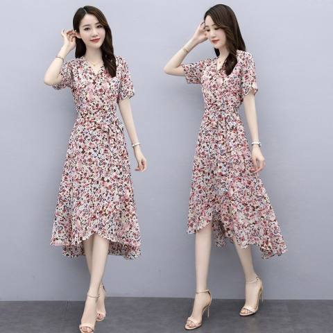 2025 Summer Floral Print Dress for Summer and Autumn, French Ice Silk Medium-Length Slimming and Elegant Waist-Closing Dress