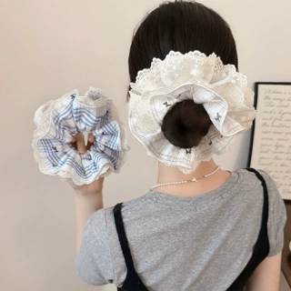 韩系温柔感蕾丝条纹大肠发圈女小熊印花百搭头绳新款扎丸子头发绳