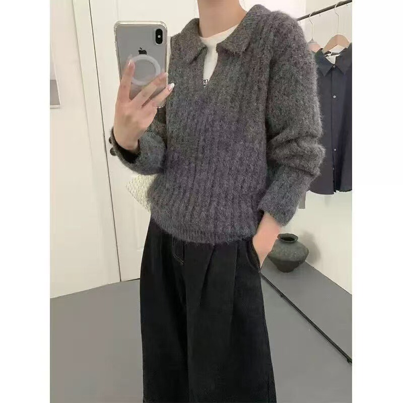 European and American Cross-Border New Style Scissor Collar Lapel Long Camel Hair Loose Lazy Style Thick Pullover Sweater Women's Casual Pullover