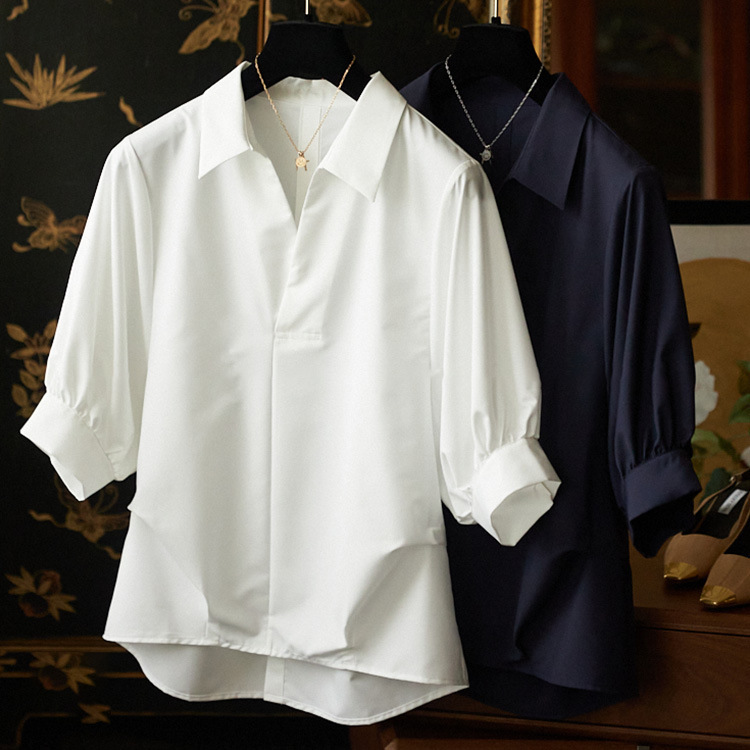 Ready-Made French Style Commuting Smooth Cotton Bat Sleeve Back Button-Down Shirt