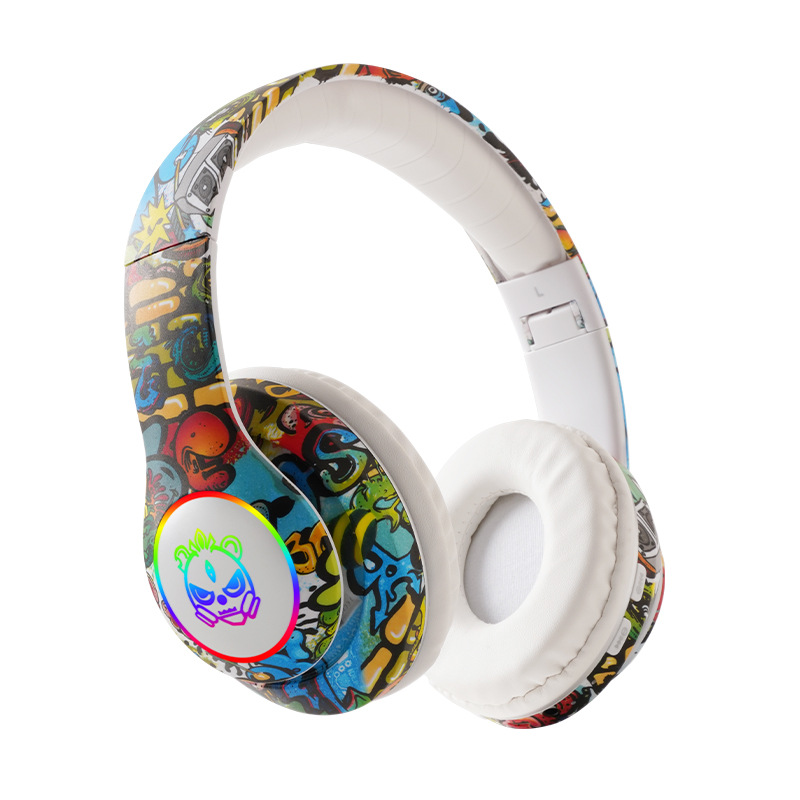 Audífonos Bluetooth Modelo 8686 de Fábrica, con Luces LED, para Juegos, Inalámbricos, con Ranura para Tarjeta, Diseño Graffiti, Venta al Por Mayor