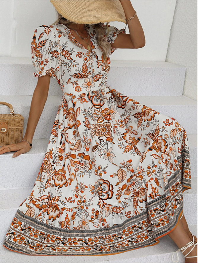 V Neck Neckline Slim Fit Type Wholesale Women's Vintage Style Vacation Printing Printing Holiday Travel V Neck Short Sleeve Swing Dress