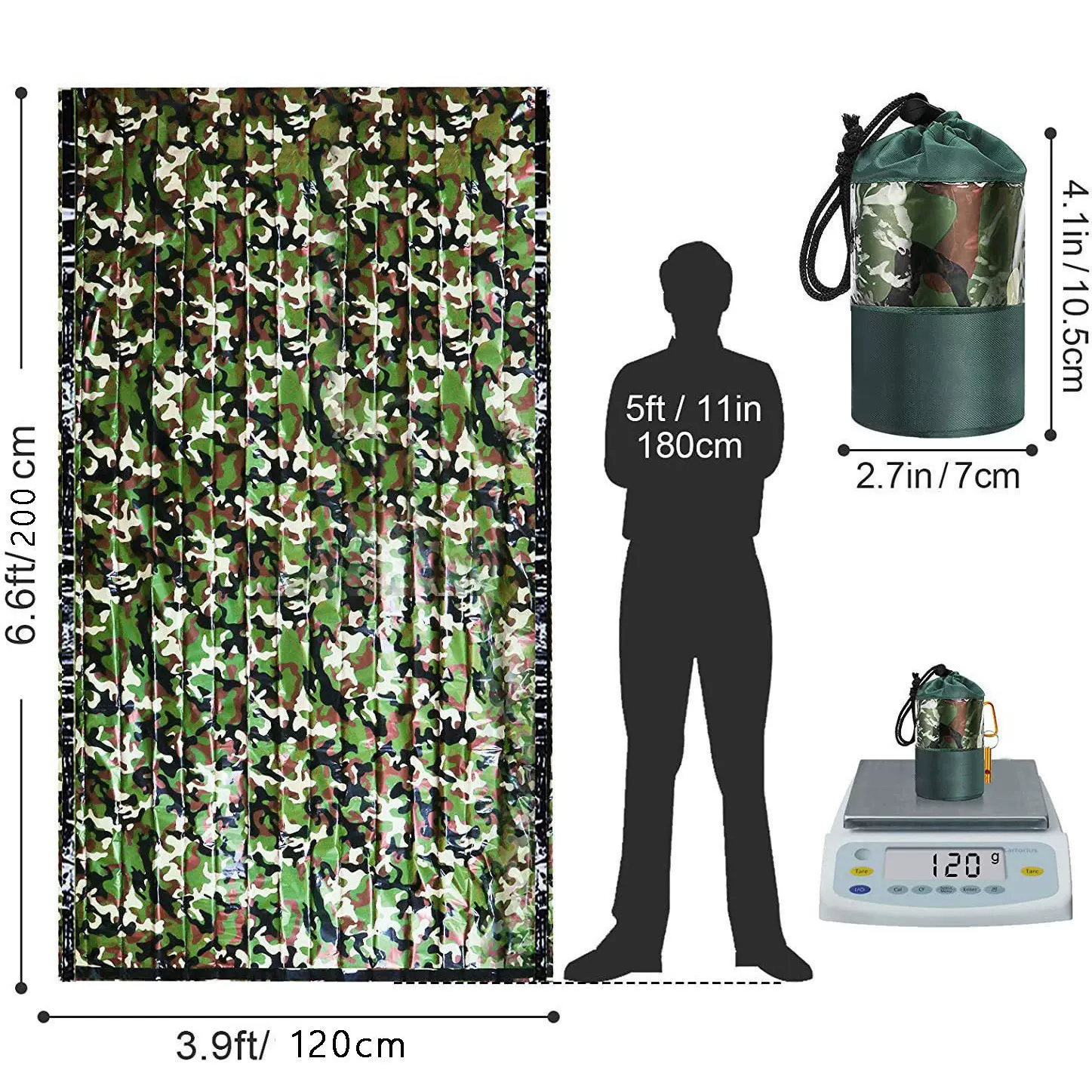 跨境直供电商热卖多功能PET单人户外迷彩应急睡袋露营用品保温毯