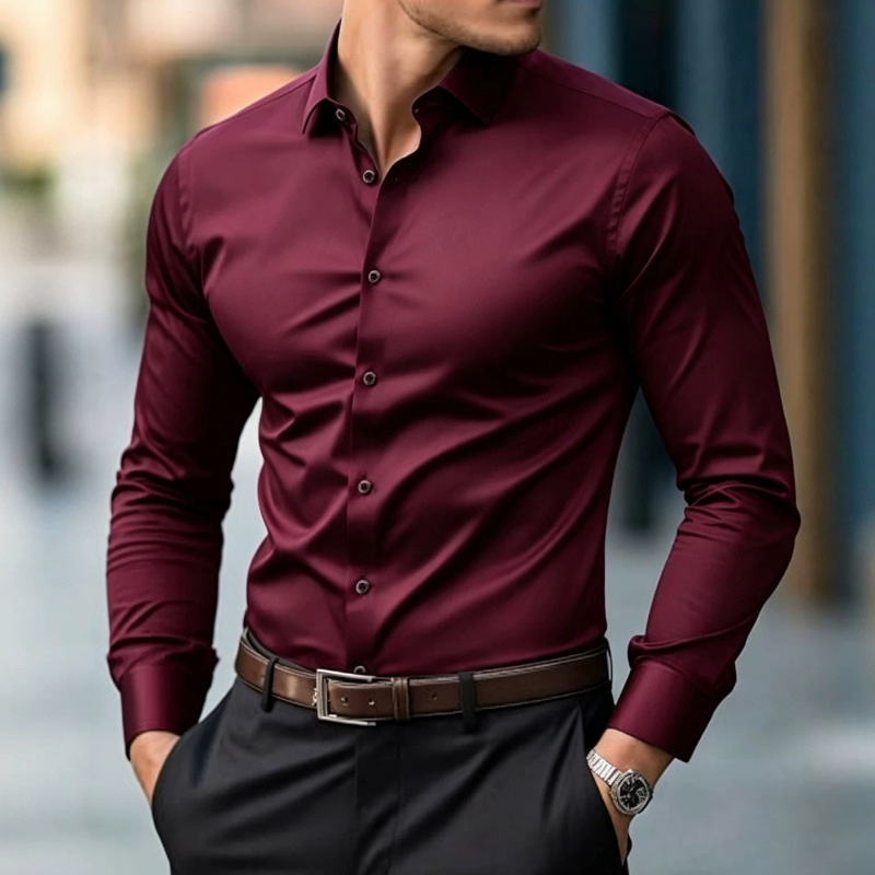 Men's shirt with high elasticity, silky smooth, seamless, suitable for business and banquets, offers a light luxury and high-end feel, long-sleeved, square collar, anti-wrinkle men's shirt