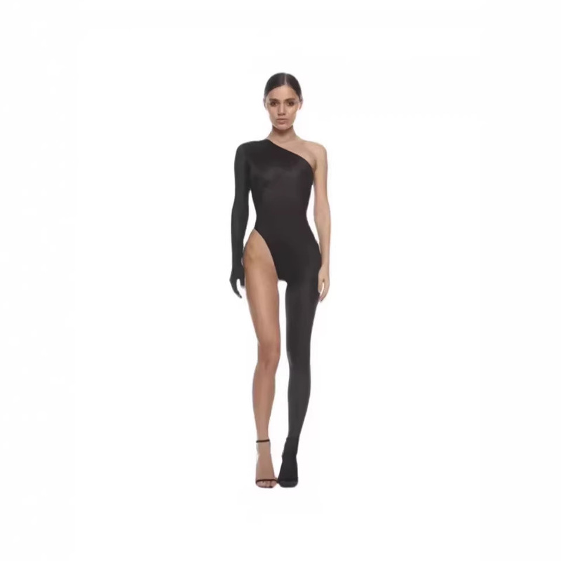 European and American Cross-Border Black Mesh One-Shoulder Jumpsuit, Slim Fit with Leg-Revealing Design, Sexy Hot Girl Style, Nightclub Party Outfit