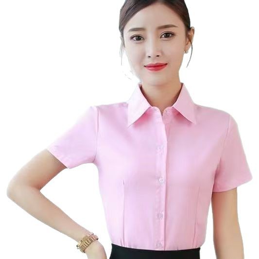 白いシャツの女性の夏の半袖の職業の服装の韓国版の修身の半袖の百合の大きいサイズの工装のシャツの女性の作業服の青い色