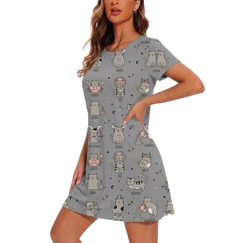 Nightgown Cartoon Women's Clothing European and American New Style Amazon Spring and Summer Short-Sleeved Printed Dress Casual Home Wear Style