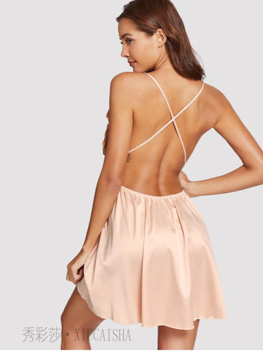 Backless Sling Babydoll Nightgown with Thong, Shrimp Pink, XXL — detail image 3
