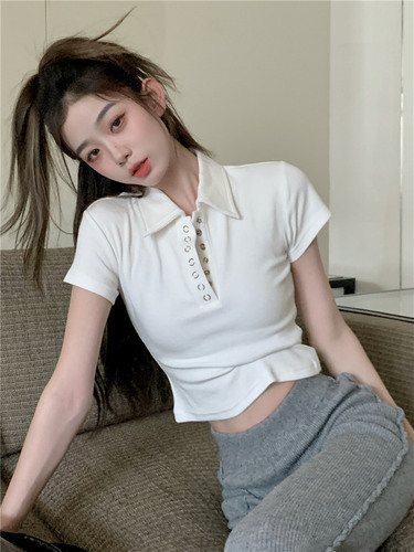 White Polo Collar Short-Sleeve T-Shirt for Women - Summer Design, Unique and Chic, Sweet and Spicy Style, Short Length, Fitted and Slimming Top
