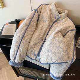 蓝色小碎花灯芯绒拼接棉服外套女2025冬季新款保暖慵懒风韩版上衣
