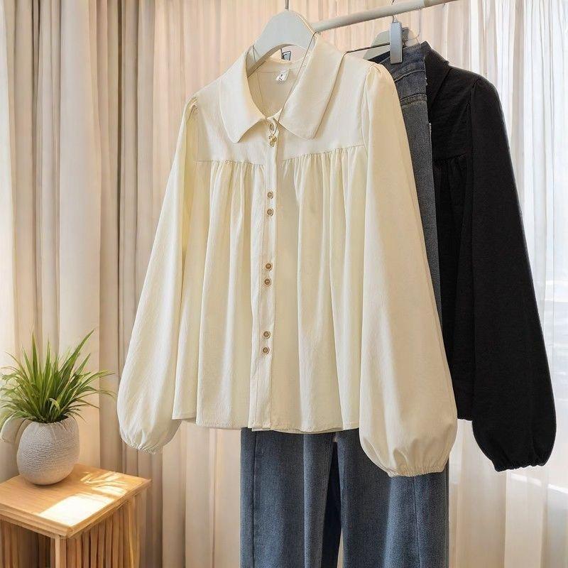Plus-Size Women's Solid Color Long-Sleeve Shirt, Spring and Autumn Style, French Style, Loose Fit, Slimming, Versatile, Doll Collar Top, Age-Reducing