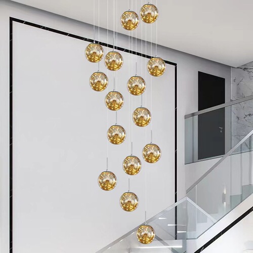 Starry Sky Staircase Long Chandelier, Modern Minimalist Villa Loft Apartment Mezzanine Glass Living Room Grand Chandelier