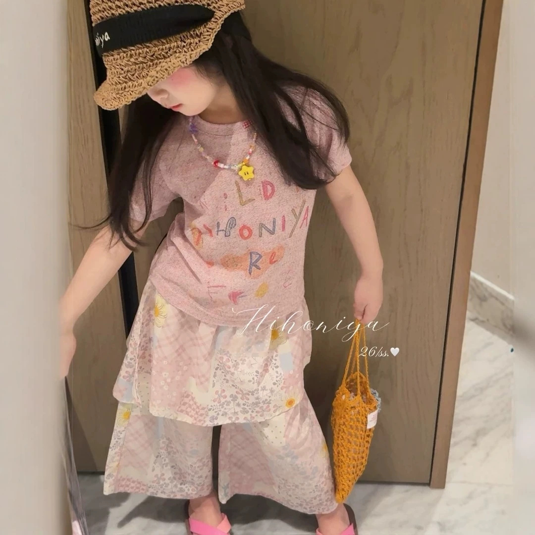 2026 Summer New Style Girls' Fashion Letter Graffiti T-Shirt Top Parent-Child Short-Sleeve Long Pants Set