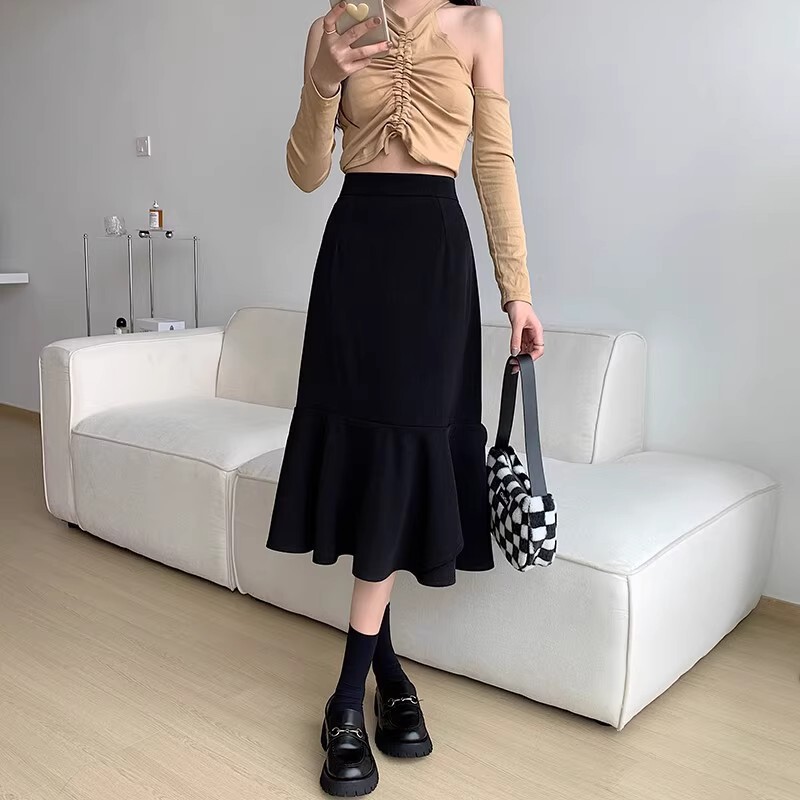 Black Mid-Length Fishtail Skirt for Women Spring & Fall New Large Size Pear-Shaped Figure High-Waist Slim Suit A-Line Skirt