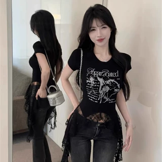 美式甜辣妹绝美蕾丝飘带短袖T恤女夏季复古印花设计感不规则上衣