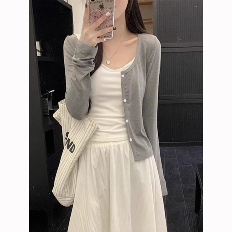 Casual and Versatile Gray Slim Slim Outwear Knitted Cardigan Long-Sleeved Women's 2025 Early Autumn Lazy Outer Top